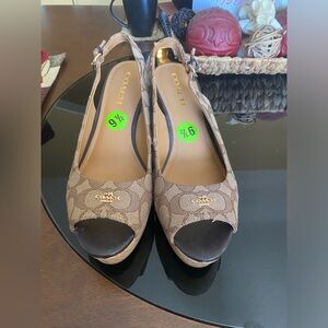 Coach ferry signature C Jacard calf Brown wedge cork shoes